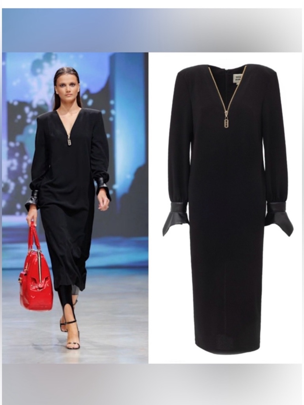 Julia Allert Black V-Neck Midi Dress with Gold Zip and Leather-Trim Cuffs